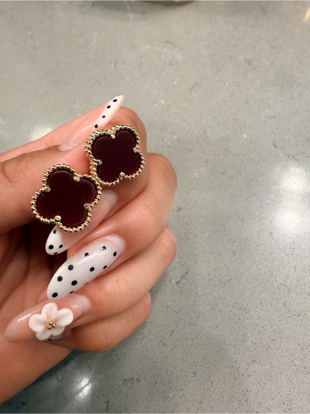 Gold-Trim Burgundy Clover Stud Earrings